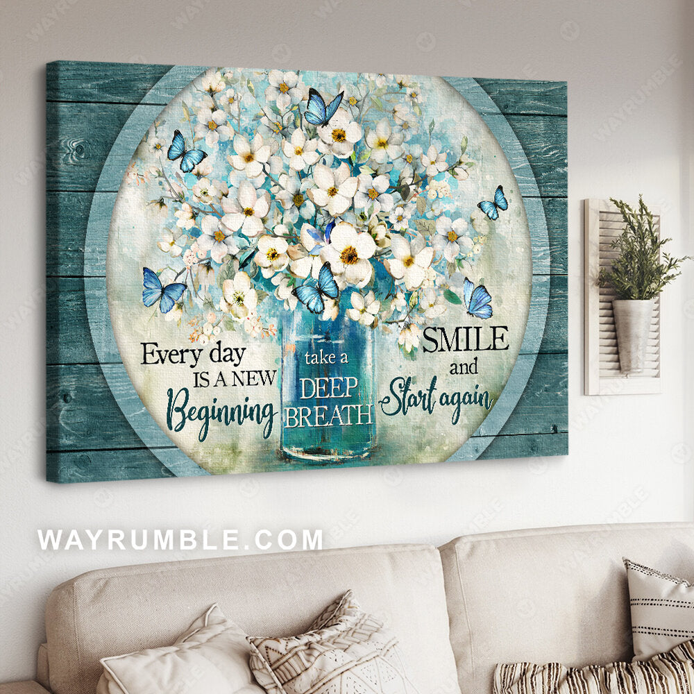 Daffodil flower, Blue butterfly, Circle frame, Every day is a new beginning - Jesus Landscape Canvas Prints, Christian Wall Art