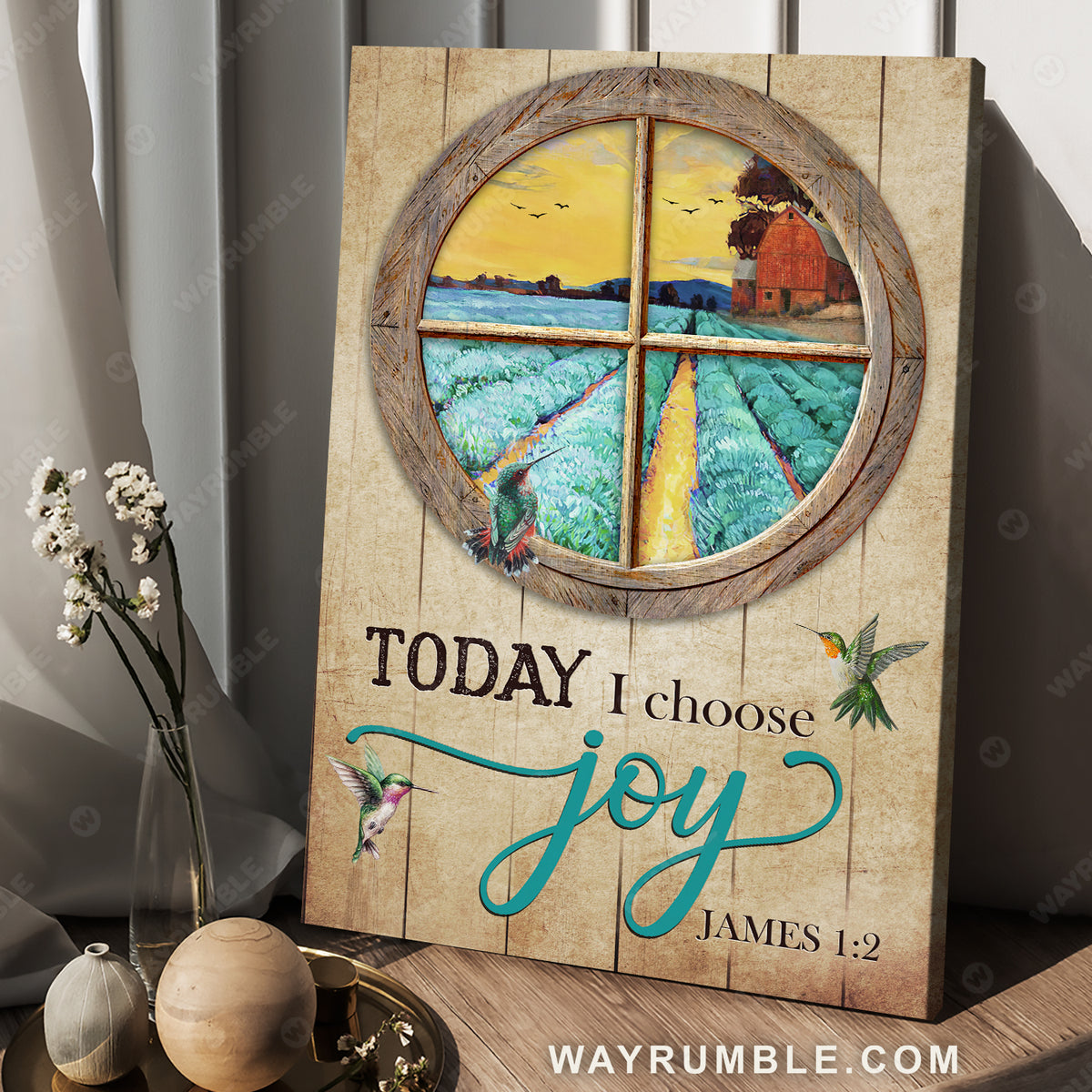 Blue flower farm, Vineyard, Circle window, Hummingbird, Today I choose joy - Jesus Portrait Canvas Prints, Christian Wall Art
