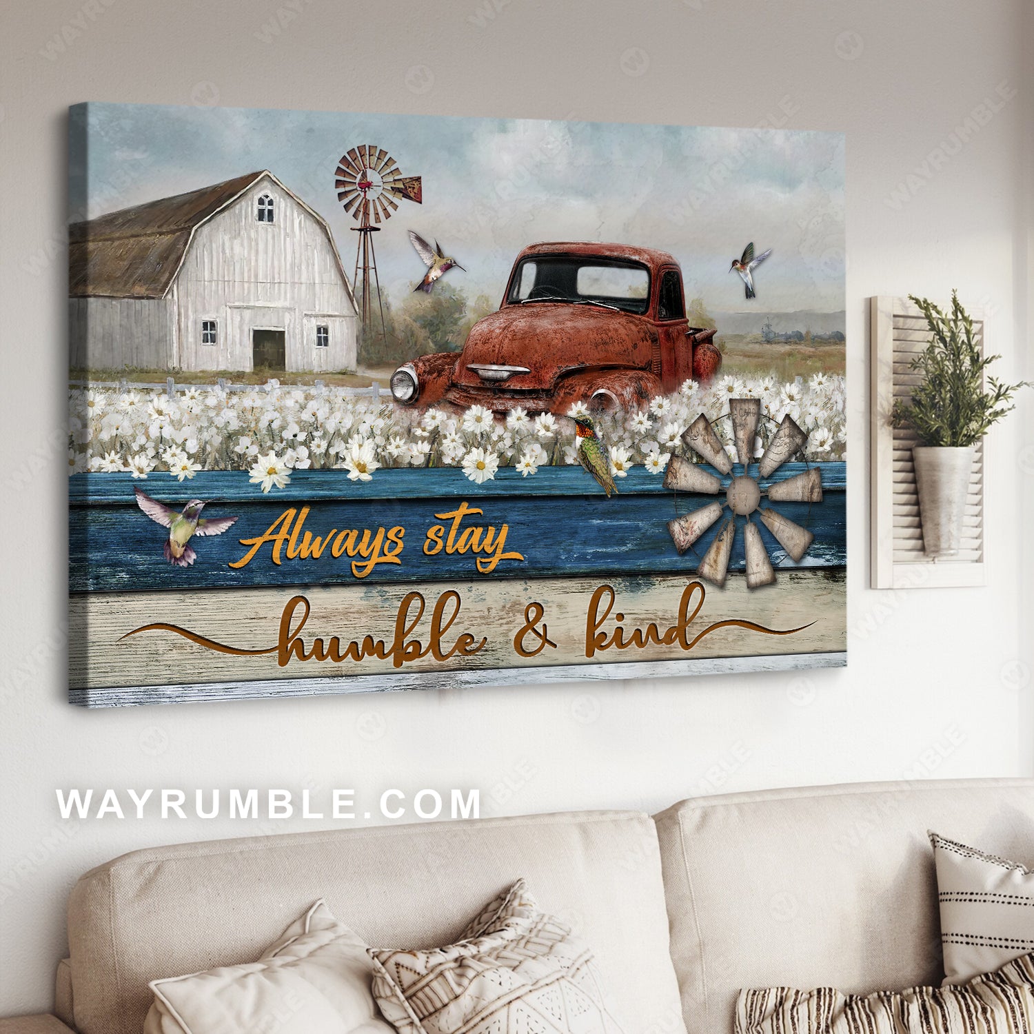 Beautiful daisy field, Old ladybug car, Always stay humble and kind - Jesus Landscape Canvas Prints, Christian Wall Art