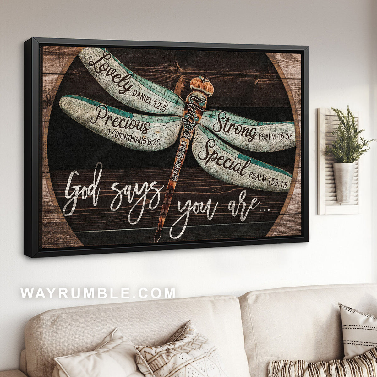 Pretty dragonfly, Wooden background, God says you are unique - Jesus Landscape Canvas Prints, Home Decor Wall Art