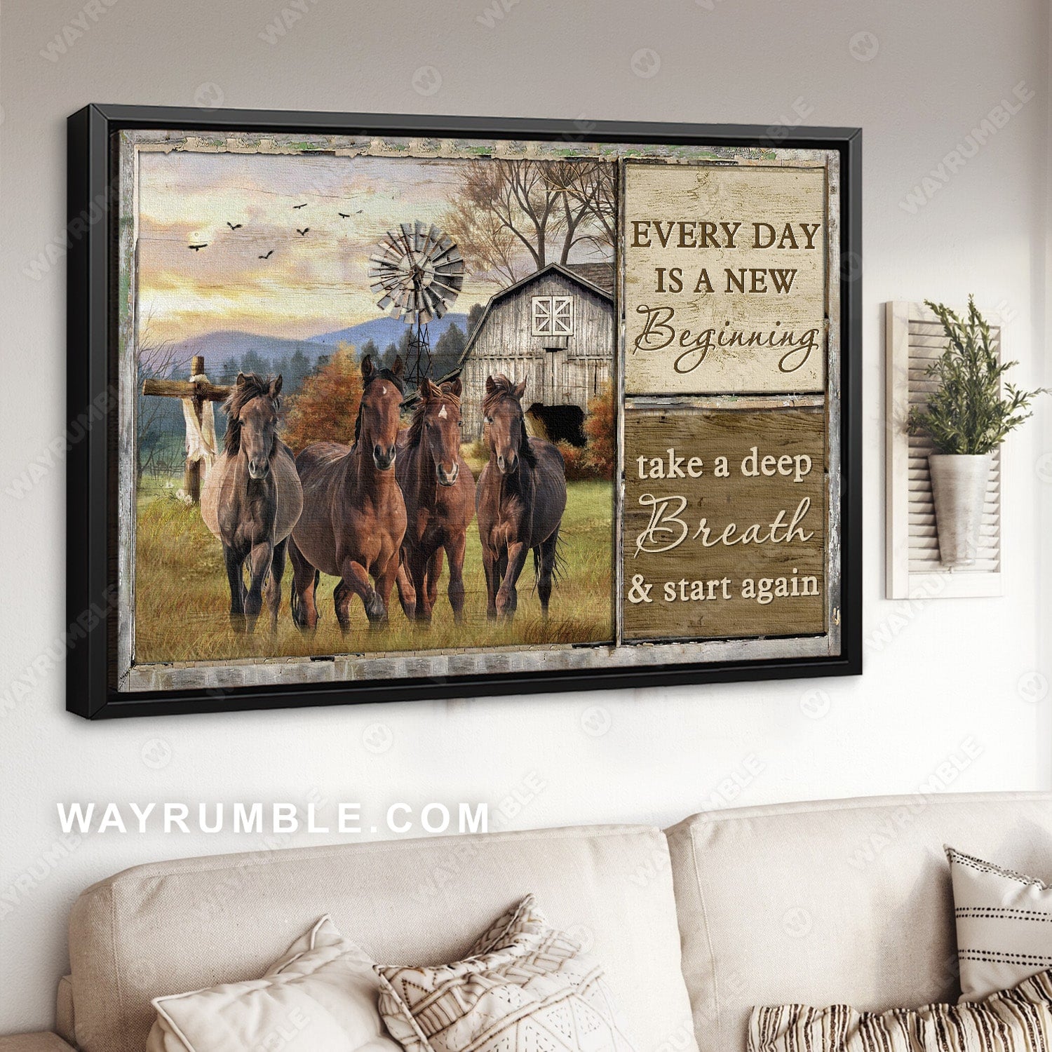 Running horses, Beautiful sunset, Green meadow, Every day is a new beginning - Jesus Landscape Canvas Prints, Christian Wall Art
