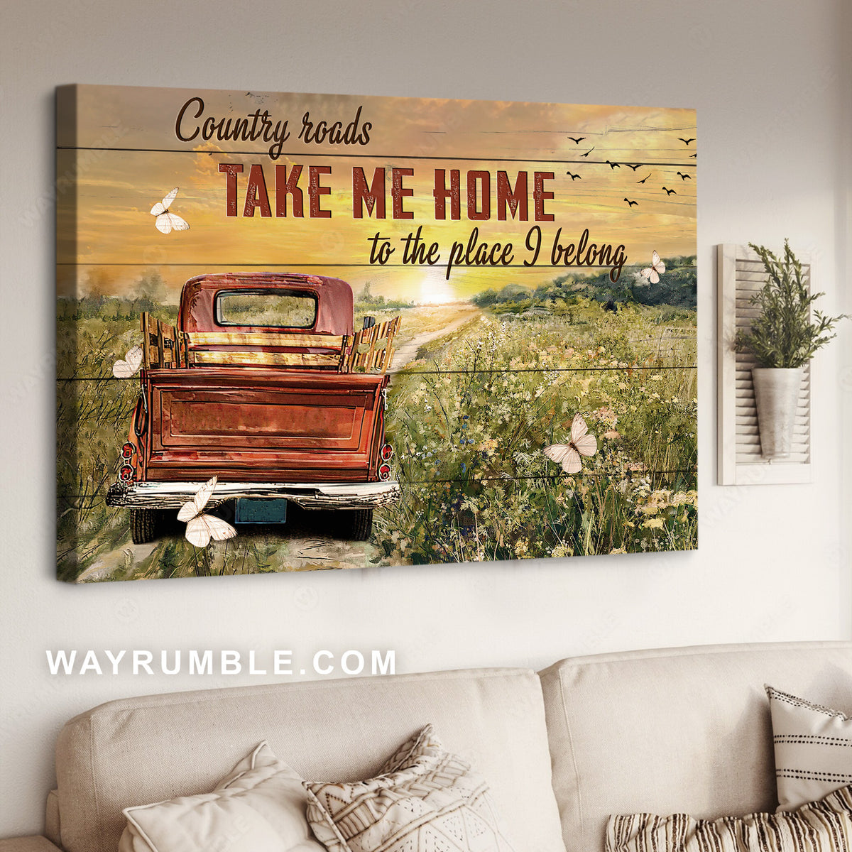 Old car, Pretty sunset, Flower field, Countryside painting, Take me home - Jesus Landscape Canvas Prints, Home Decor Wall Art