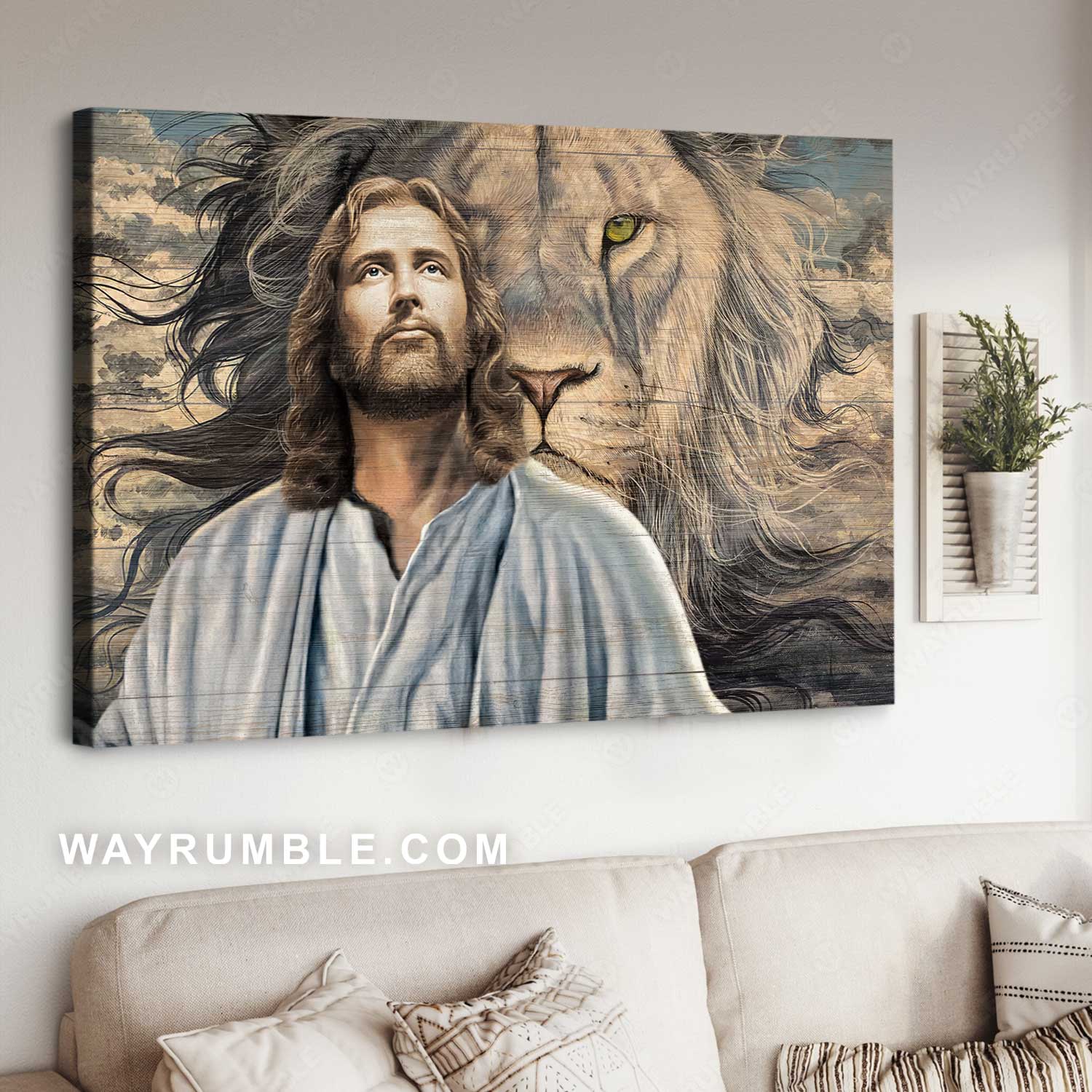 Beautiful Jesus painting, Big lion background, Lion of Judah - Jesus Landscape Canvas Prints, Home Decor Wall Art