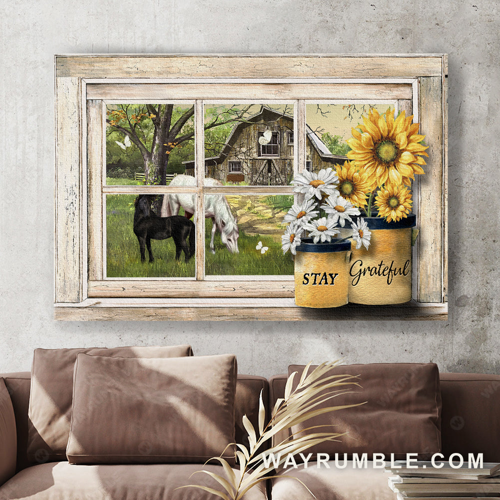Quarter horses, Green meadow, Flower painting, Wooden house, Stay grateful - Jesus Landscape Canvas Prints, Christian Wall Art