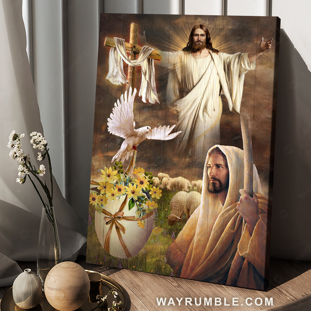 Beautiful Jesus painting, Watercolor dove, Cross, Yellow flower - Jesus Portrait Canvas Prints, Christian Wall Art
