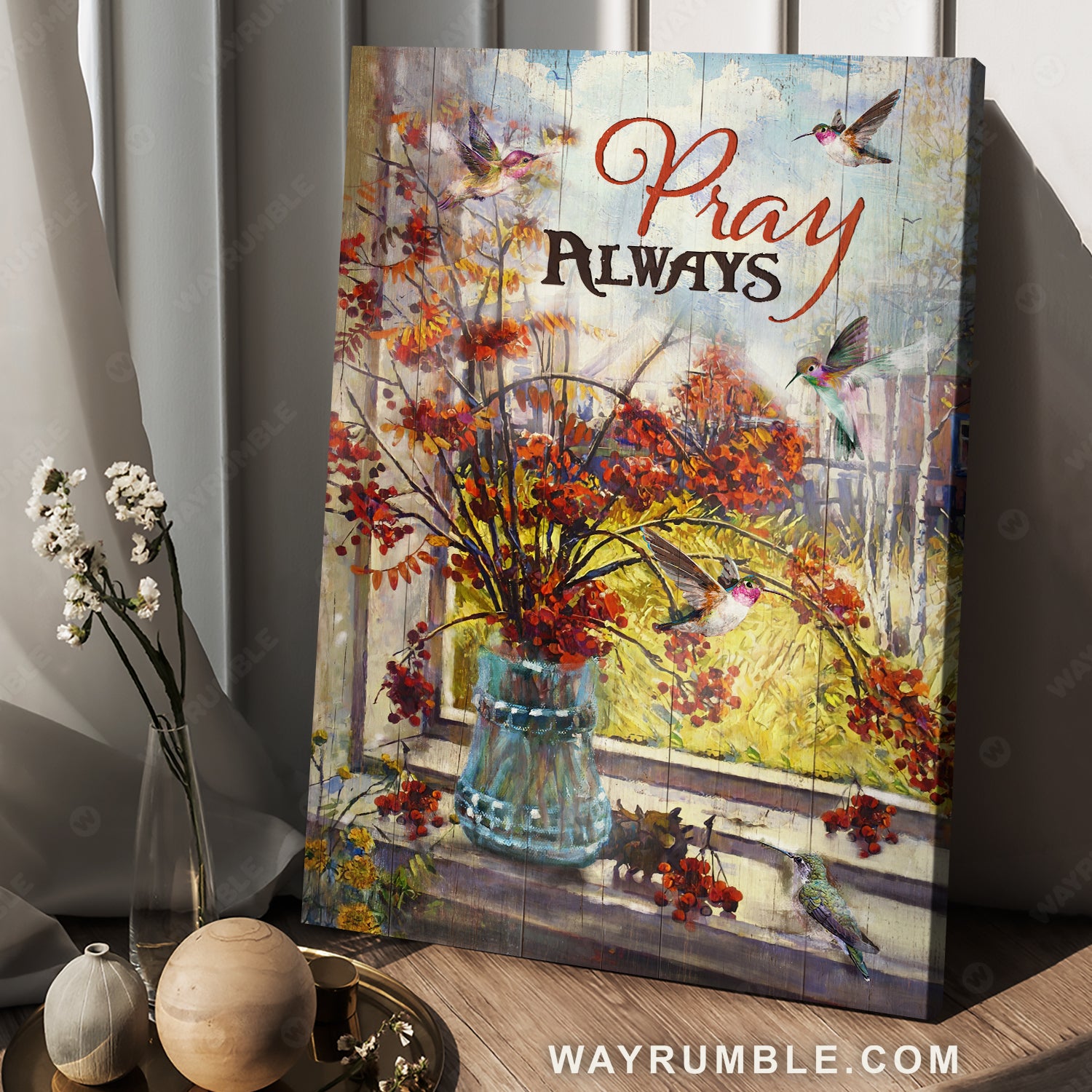 Baby orange flower, Autumn drawing, Hummingbird painting, Pray always - Jesus Portrait Canvas Prints, Christian Wall Art