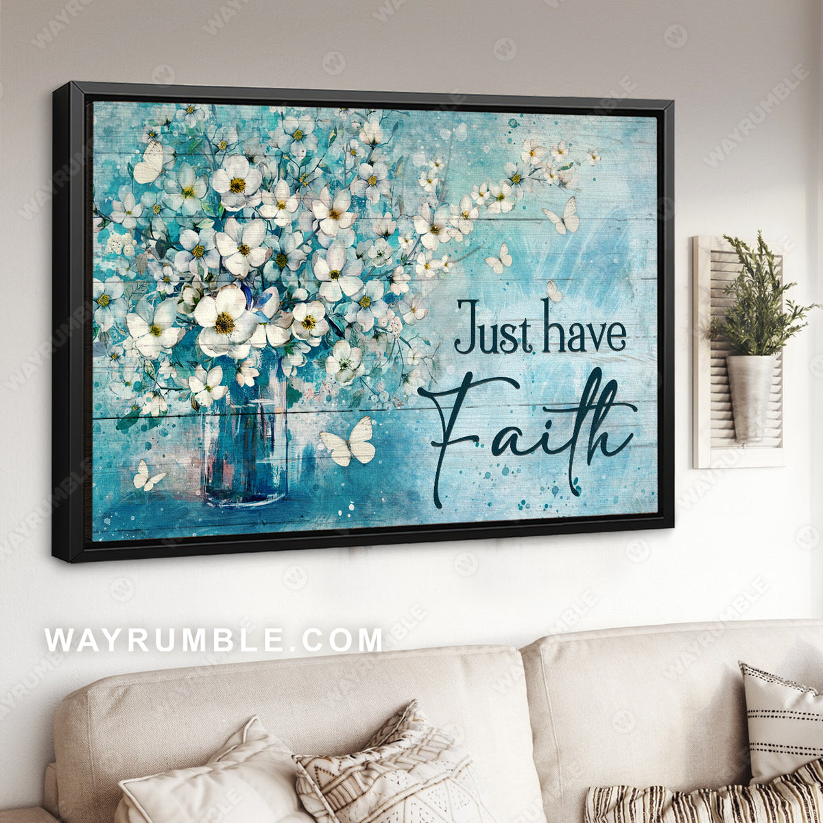 White flower vase, Vintage painting, Blue background, Just have faith - Jesus Landscape Canvas Prints, Christian Wall Art