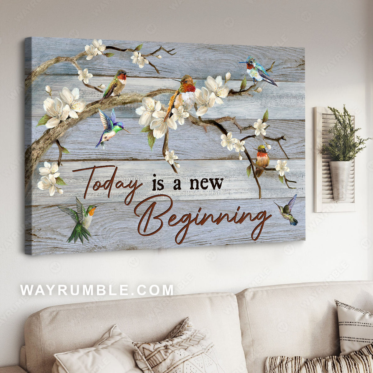Colorful hummingbirds, Peach blossoms, Branch tree, Today is a new beginning - Jesus Landscape Canvas Prints, Christian Wall Art