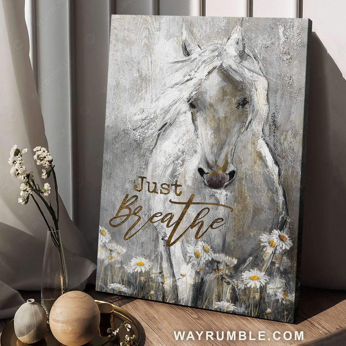 Horse drawing, White horse among the daisy field, Just breathe - Jesus Portrait Canvas Prints, Christian Wall Art