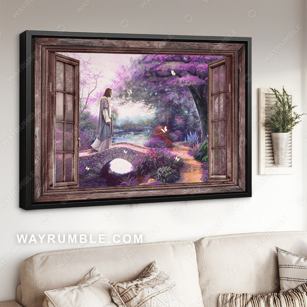 Jesus painting, Purple flower forest, Forest painting, Walking on the bridge - Jesus Landscape Canvas Prints, Christian Wall Art
