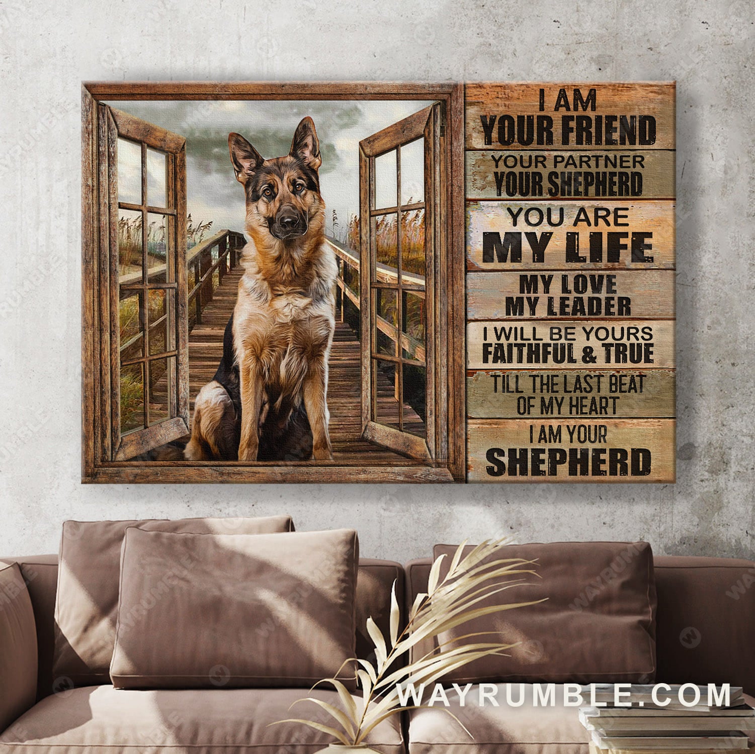 German Shepherd painting, Outside the window, I am your Shepherd - Dog Landscape Canvas Prints, Wall Art