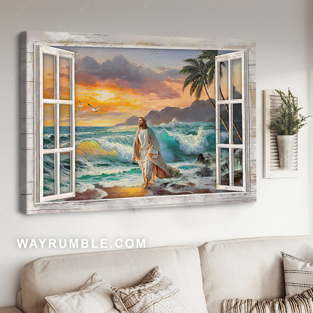 Walk with Jesus, Sunset on the beach, The beautiful sea, Window frame -Jesus Landscape Canvas Prints, Wall Art