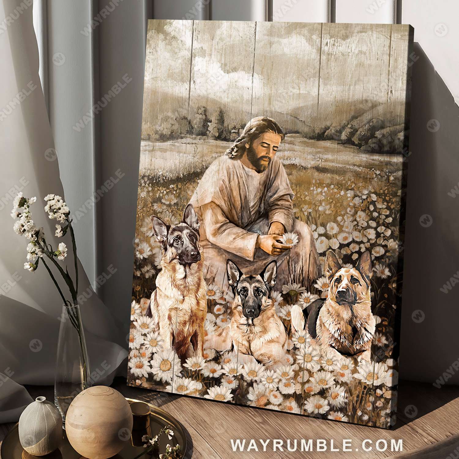 Jesus painting, German Shepherd drawing, Daisy flower field, A peaceful day - Jesus Portrait Canvas Prints, Christian Wall Art