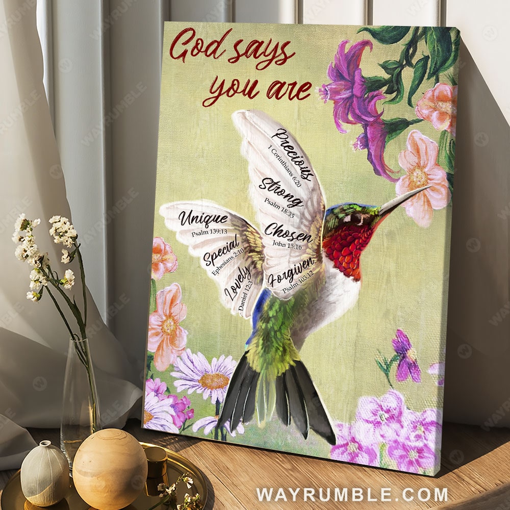 Hummingbird painting, By the flowers, God says you are - Jesus Portrait Canvas Prints, Christian Wall Art