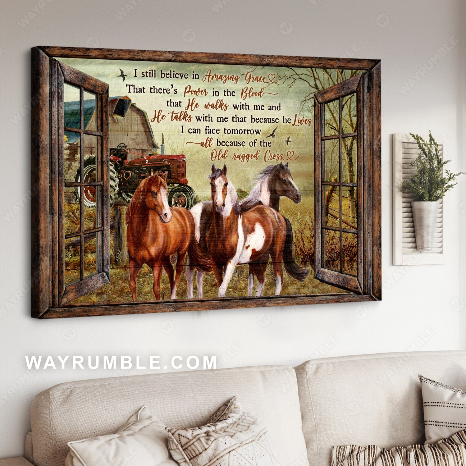 Horse painting, Countryside landscape, Barn house and truck, I still believe in Amazing Grace - Jesus Landscape Canvas Prints, Christian Wall Art