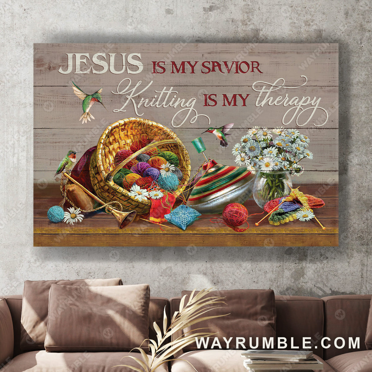 Colorful wool painting, Wooden spindle, White daisy, Jesus is my savior - Jesus Landscape Canvas Prints, Wall Art