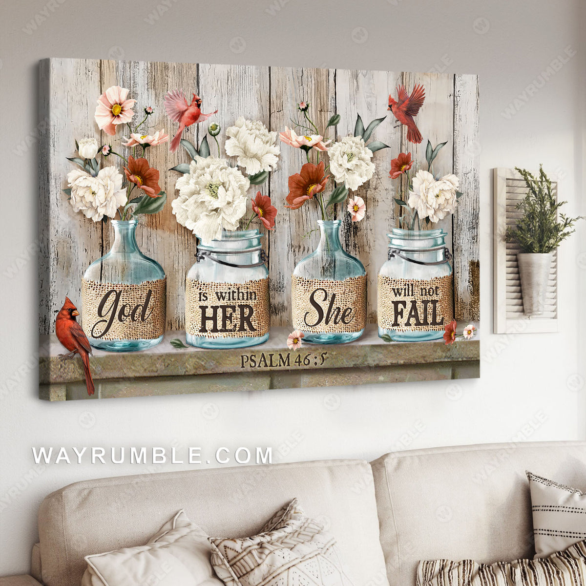 Flower vase, Northern cardinal, God is within her, She will not fail - Jesus Landscape Canvas Prints, Christian Wall Art