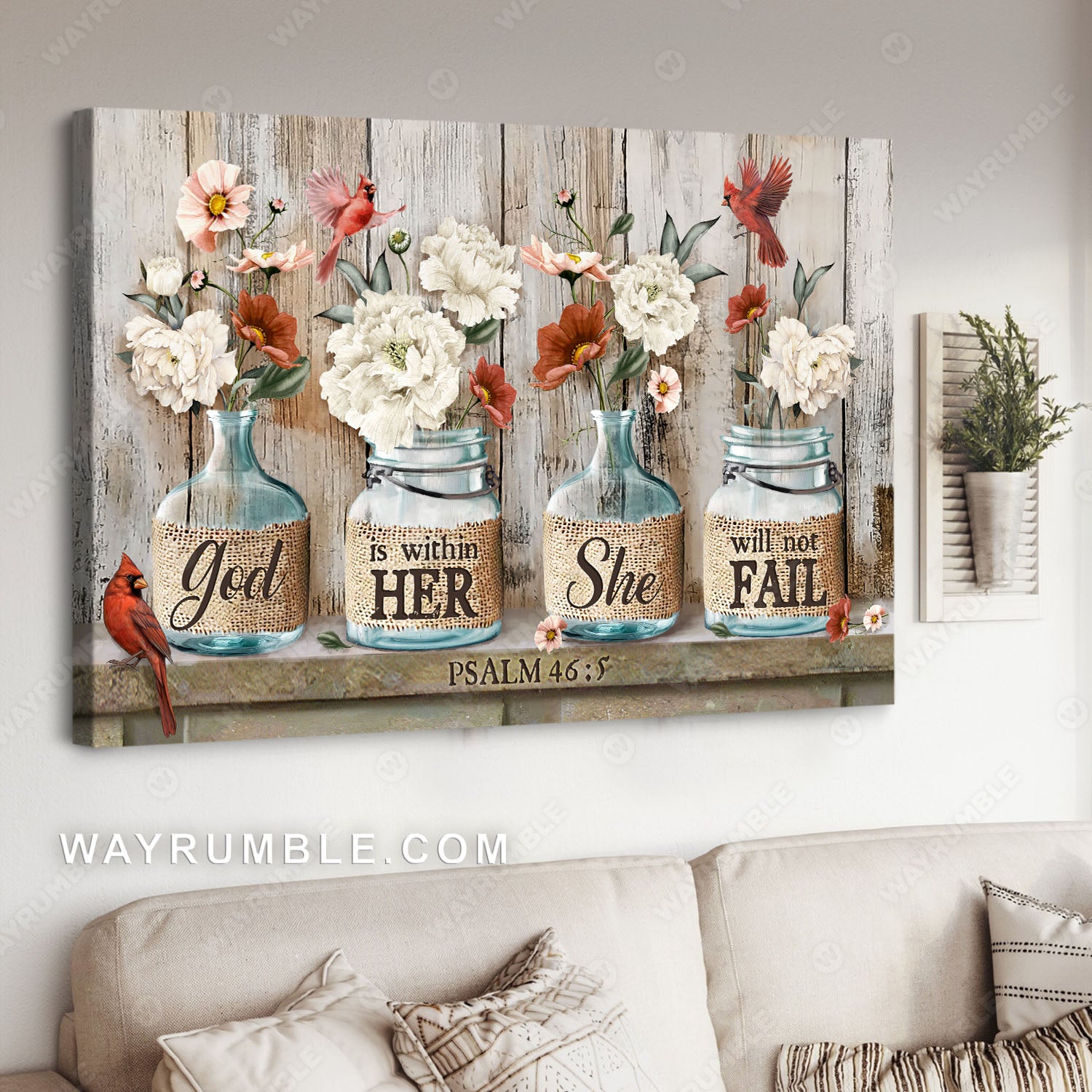 Flower vase, Northern cardinal, God is within her, She will not fail - Jesus Landscape Canvas Prints, Christian Wall Art