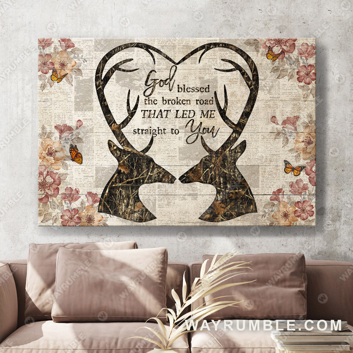 Vintage, Deer silhouette, God blessed the road that led me to you - Jesus Landscape Canvas Prints, Christian Wall Art