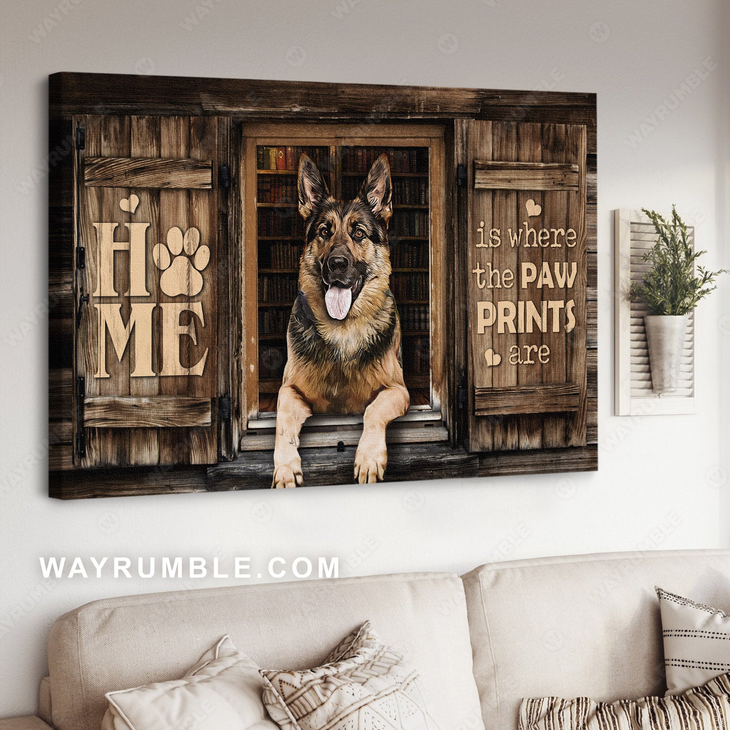 German Shepherd, By the window, Home is where the paw prints are - Jesus Landscape Canvas Prints, Christian Wall Art 