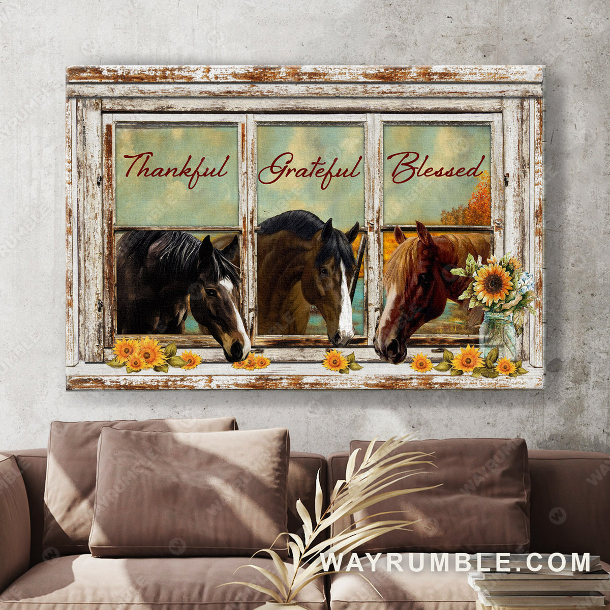Horse painting, Sunflower, Window frame, Thankful, Grateful, Blesses - Jesus Landscape Canvas Prints, Christian Wall Art