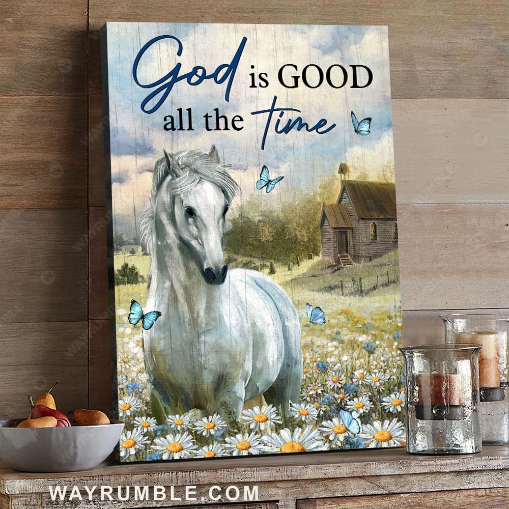 White horse painting, Among the daisy field, Countryside landscape, God is good all the time - Jesus Portrait Canvas Prints, Christian Wall Art