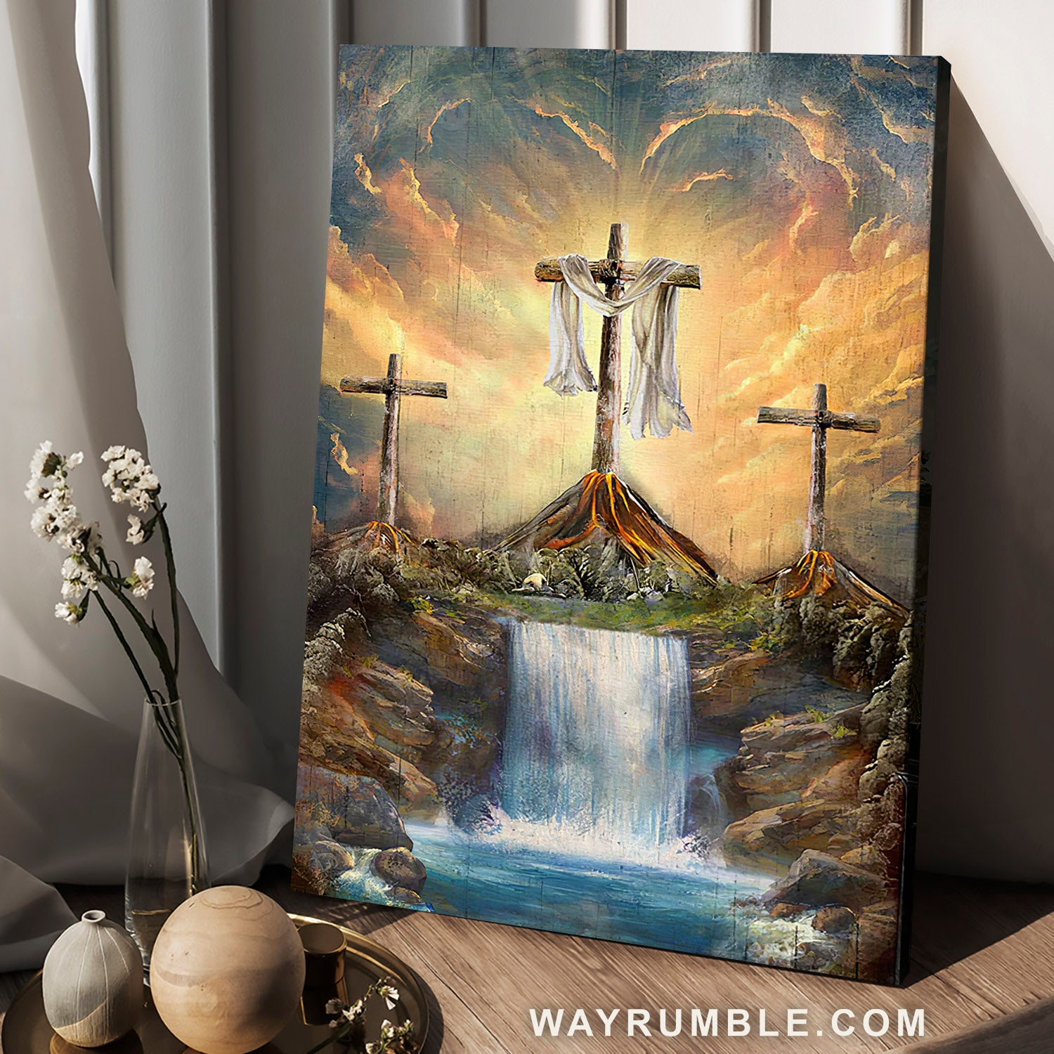 Waterfall painting Light from heaven, The three crosses - Jesus Portrait Canvas Prints, Wall Art