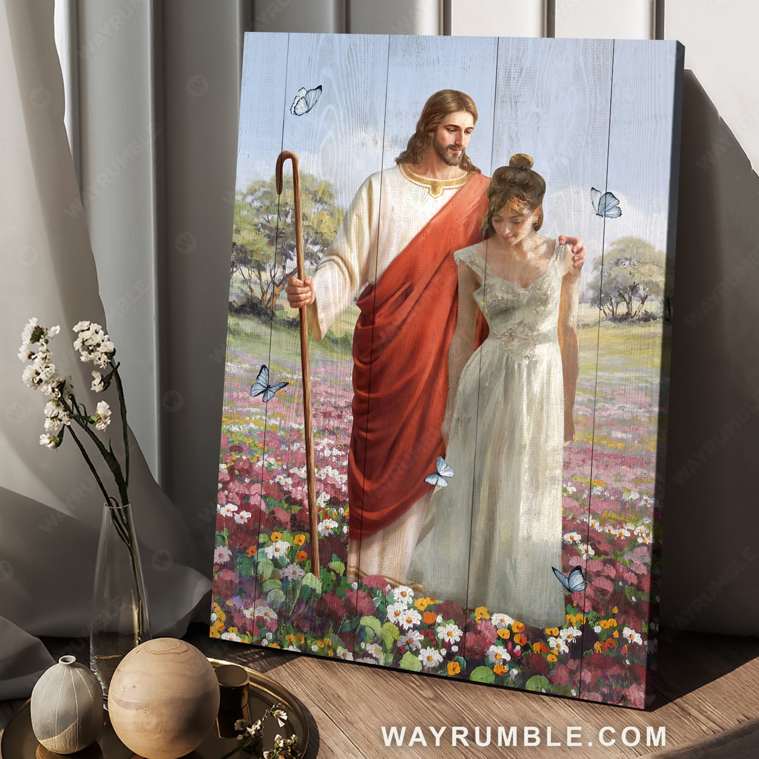 Colorful flower field, Walking with Jesus, Beautiful girl, Jesus painting - Jesus Portrait Canvas Prints, Home Decor Wall Art