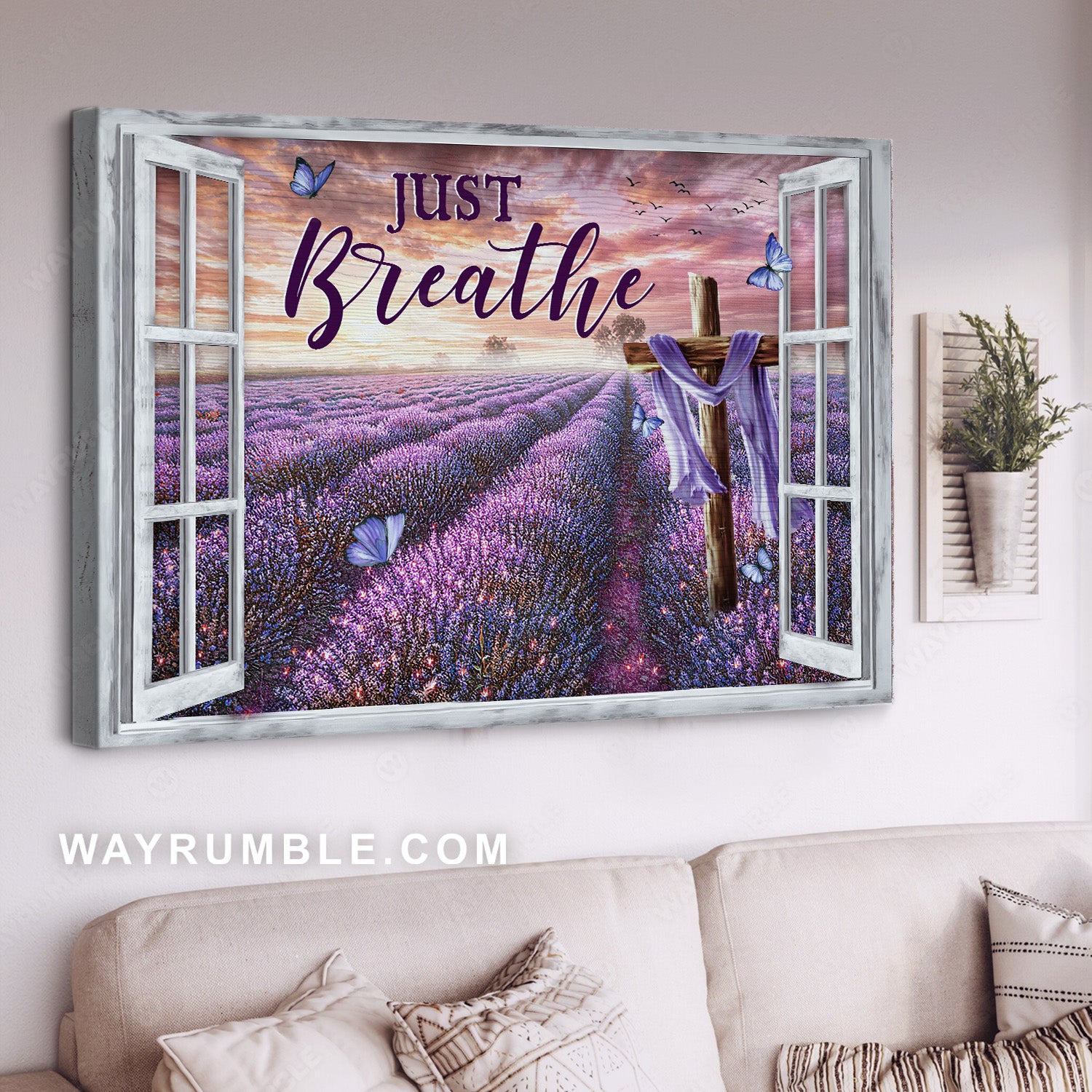 Stunning lavender field, Unique cross, Purple butterfly, Just breathe - Jesus Landscape Canvas Prints, Home Decor Wall Art
