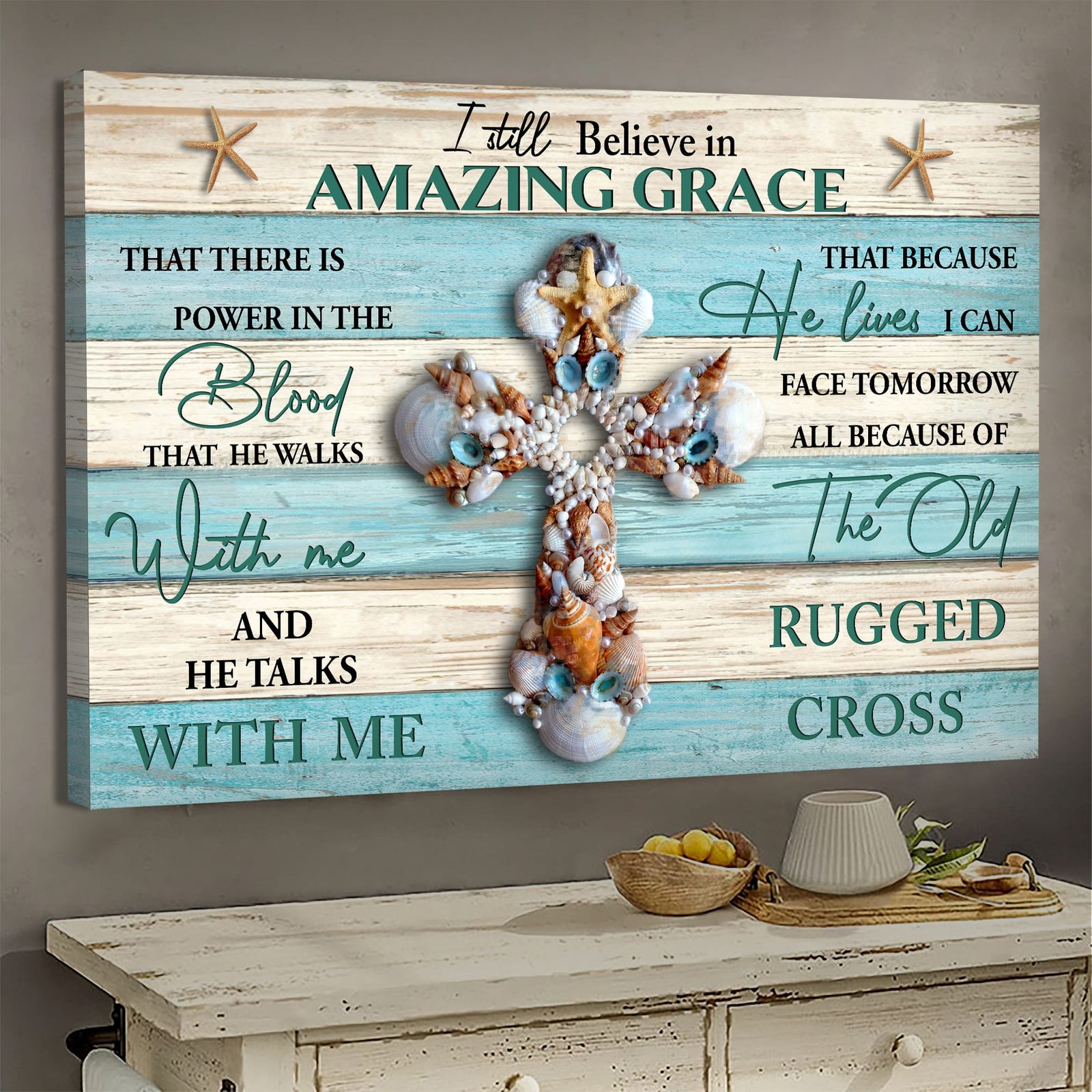 Seashell cross, I still believe in amazing grace - Jesus Landscape Canvas Prints, Wall Art