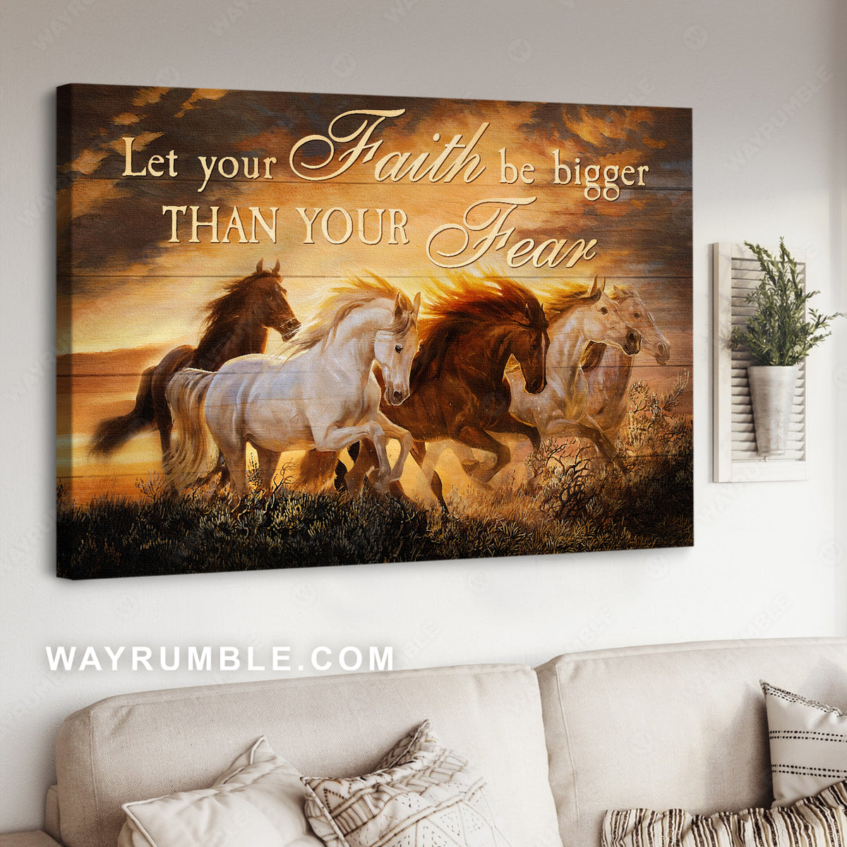 Running horse, Brilliant sunset, White horse, Let your faith be bigger than your fear - Jesus Landscape Canvas Prints, Christian Wall Art