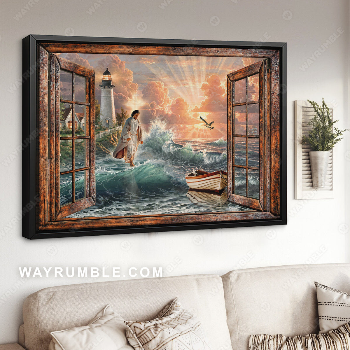 Jesus walks on water, Lighthouse on the cliff, When the sun rises - Jesus Landscape Canvas Prints, Wall Art