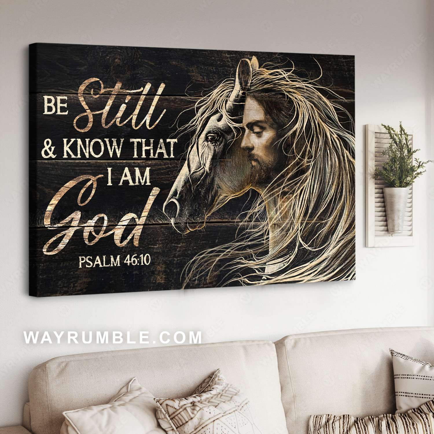 White horse, Jesus portrait, Be still I am God - Jesus Landscape Canvas Prints, Christian Wall Art