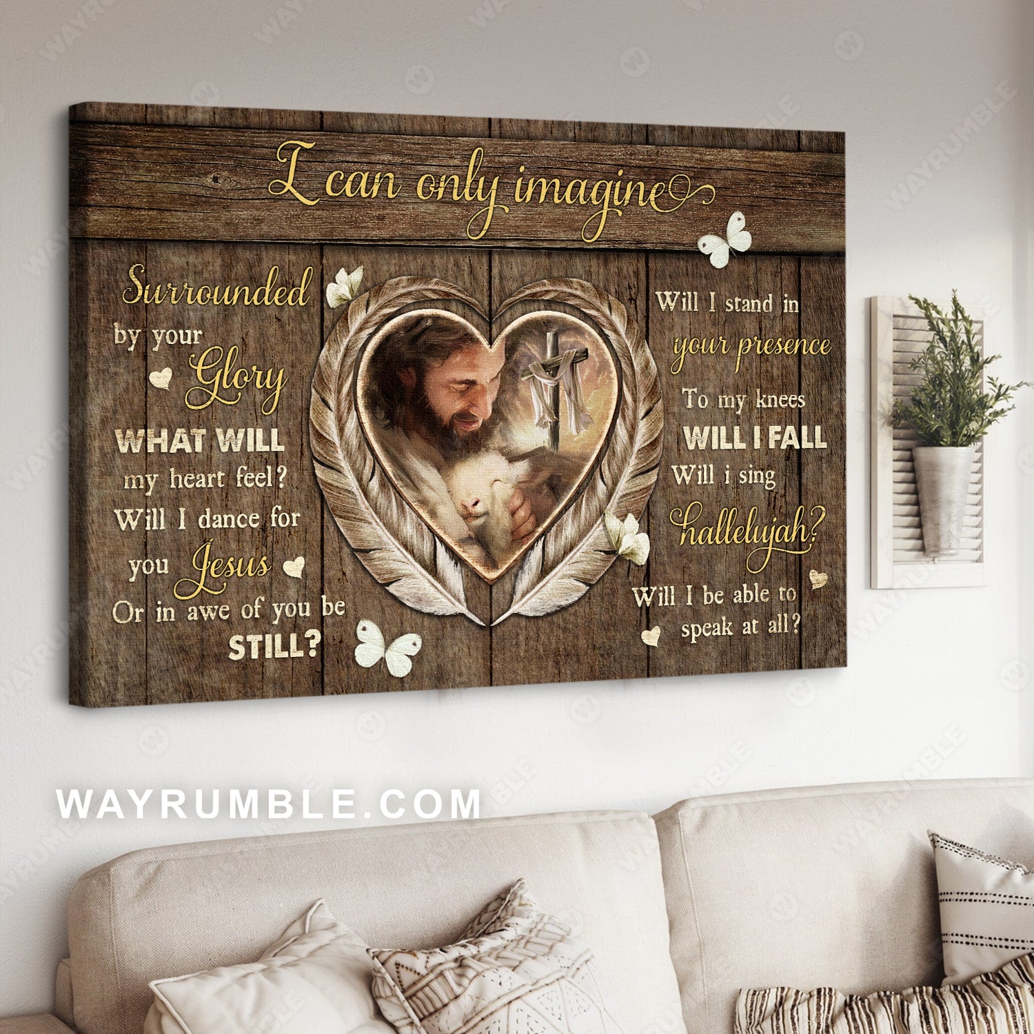 Heart shape feather, Jesus painting, Little lamb in the hand of Jesus, I can only imagine - Jesus Landscape Canvas Prints, Christian Wall Art