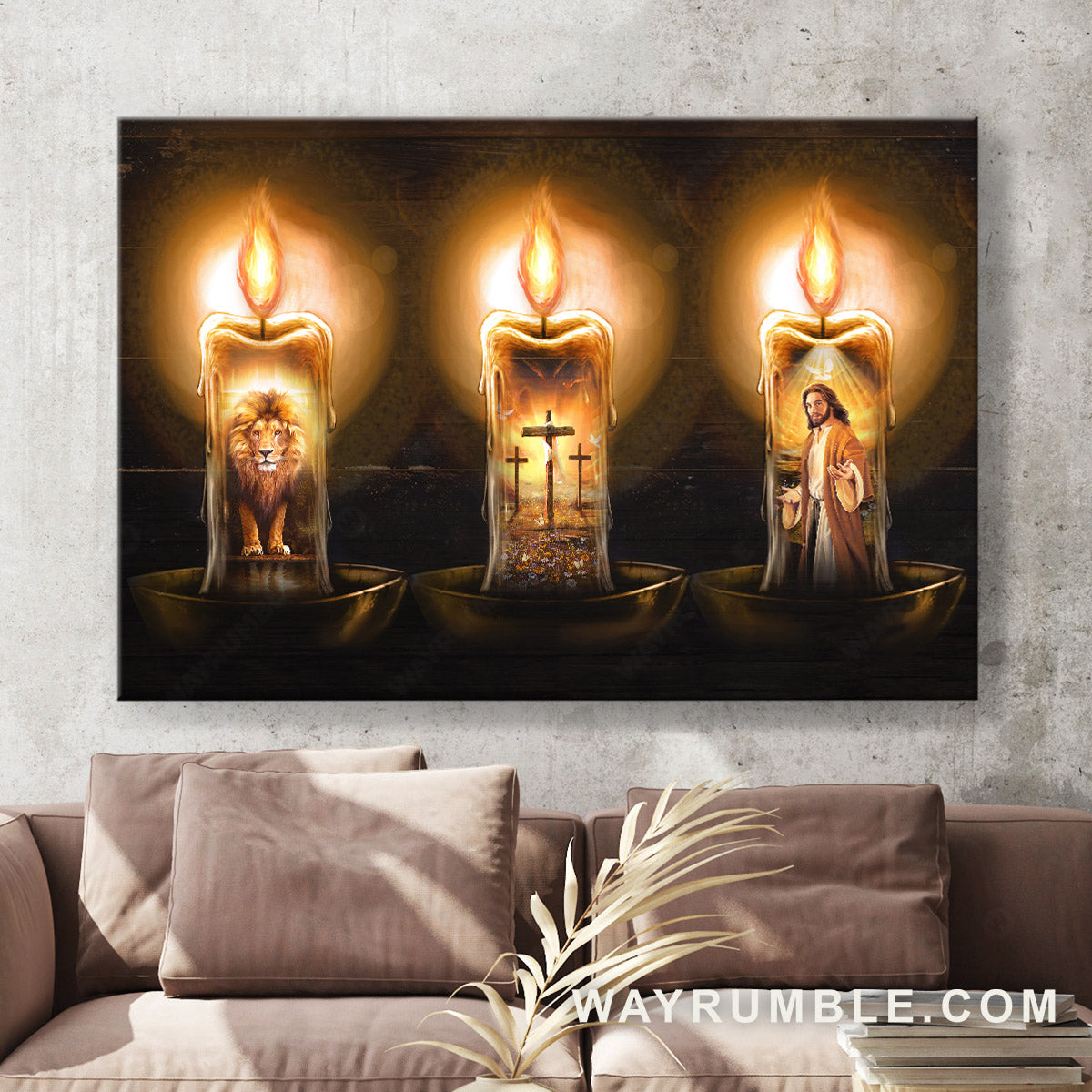 Candles painting, Lion of Judah, Jesus painting, The three rugged crosses - Jesus Landscape Canvas Prints, Christian Wall Art