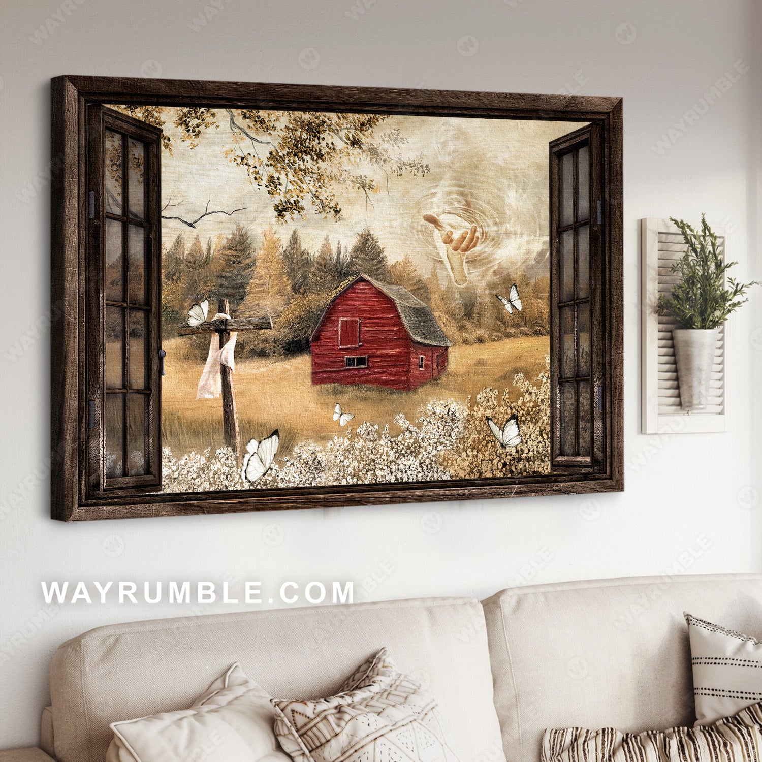 Countryside landscape, Red barn house, Jesus's hand, Peaceful time - Jesus Landscape Canvas Prints, Christian Wall Art
