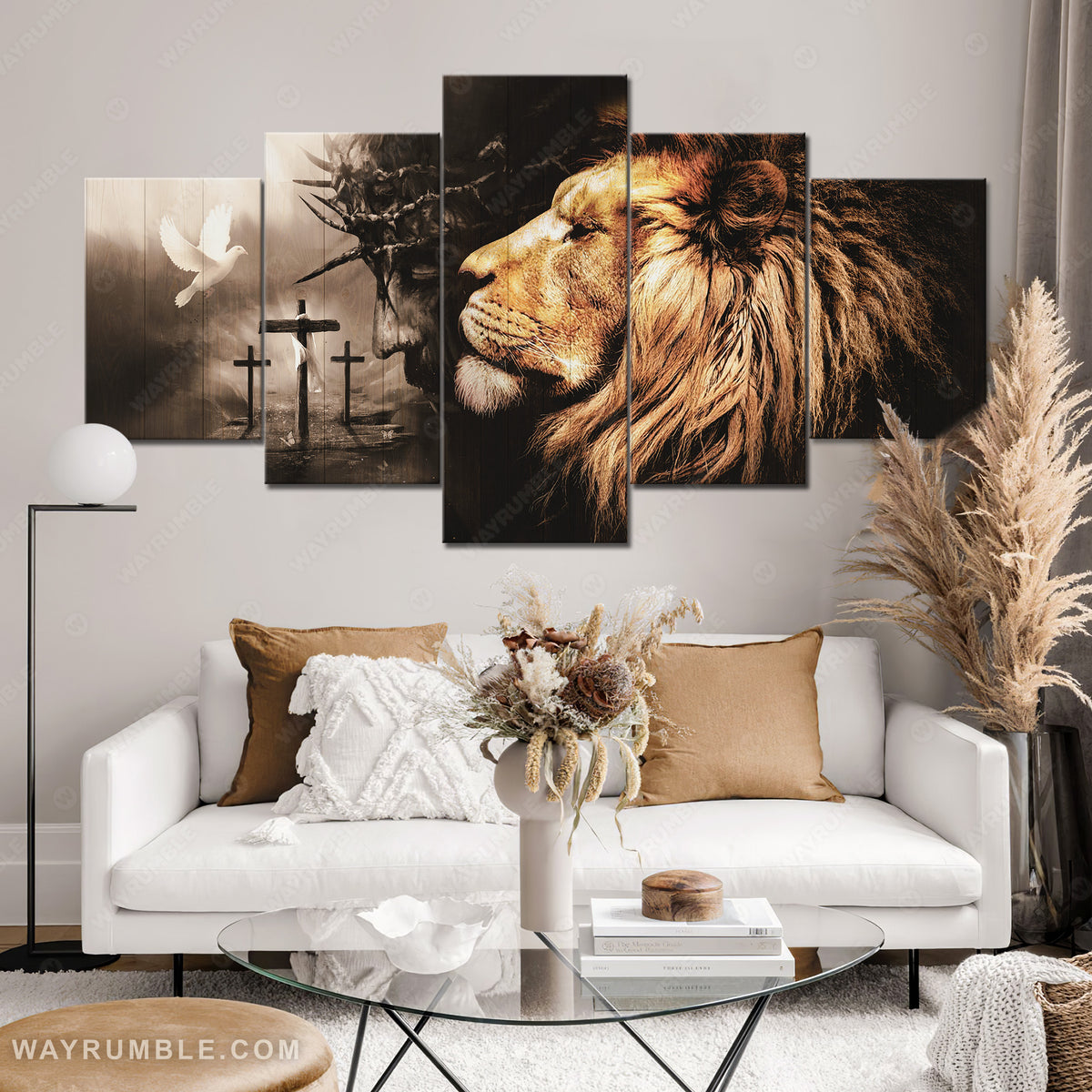 Jesus Christ, The Lion of Judah, Cross symbol, White dove - Jesus 5 Panel Matte Canvas