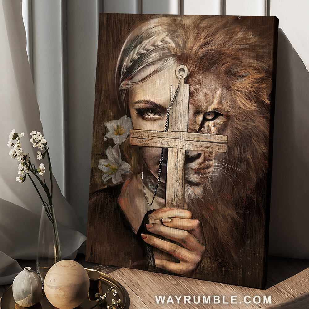 Beautiful grey eye, Gorgeous girl, Lion of Judah, Wooden cross, Protected from the evil - Jesus Portrait Canvas Prints, Wall Art