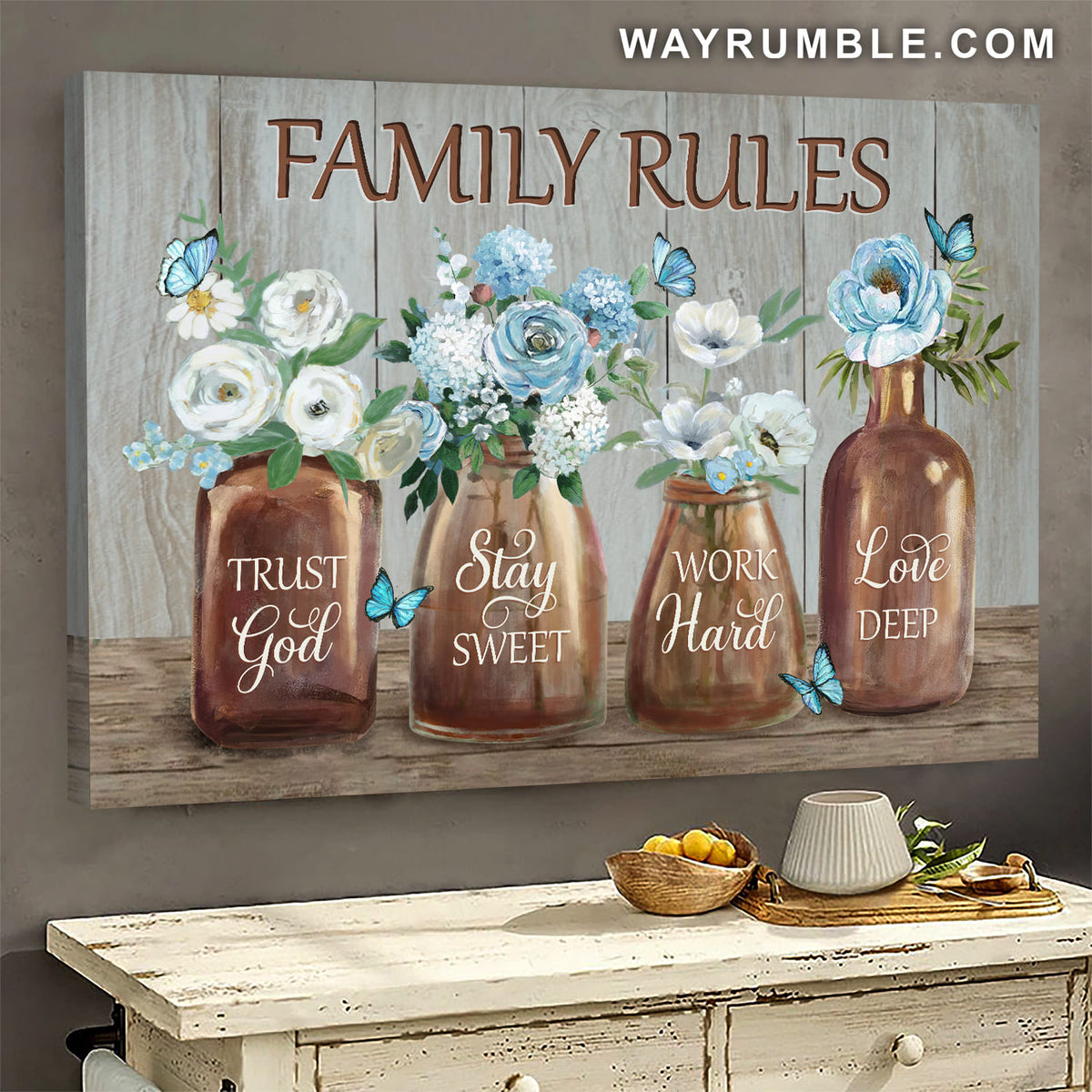 Blue flowers vase, Butterfly, Family rules - Jesus Landscape Canvas Prints, Wall Art