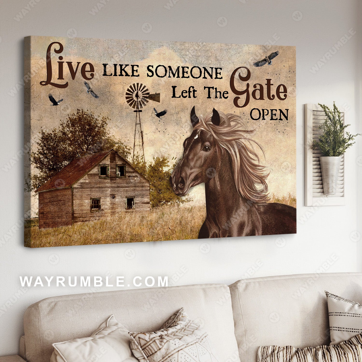 Dark brown horse, Vintage house, Live like someone left the gate open - Jesus Landscape Canvas Prints, Christian Wall Art