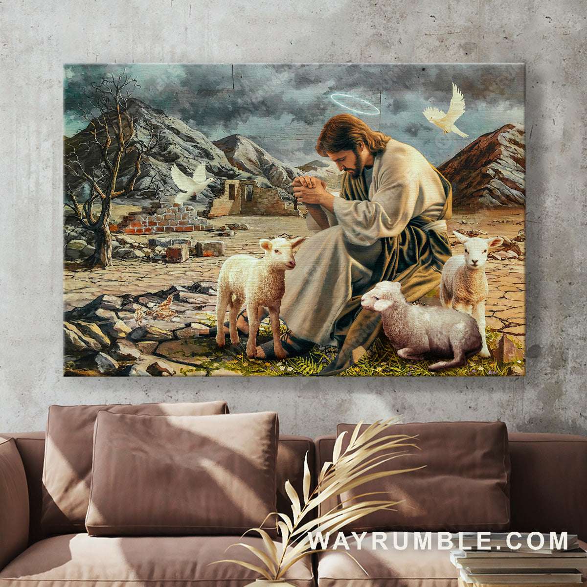 Jesus praying, Lamb of God, Flying dove, Dried desert, Big rock - Jesus Landscape Canvas Prints, Christian Wall Art
