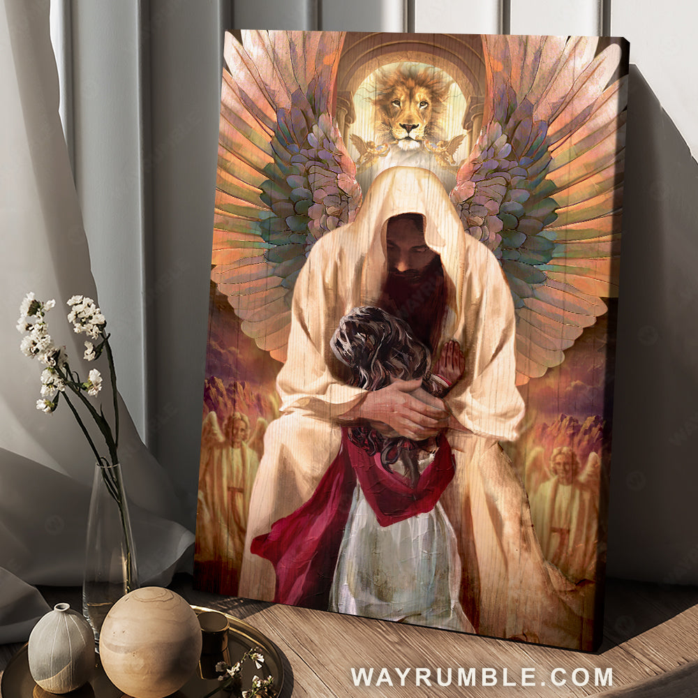 The world in his arm, Pray for healing, Stunning angel wings - Jesus Portrait Canvas Prints, Christian Wall Art