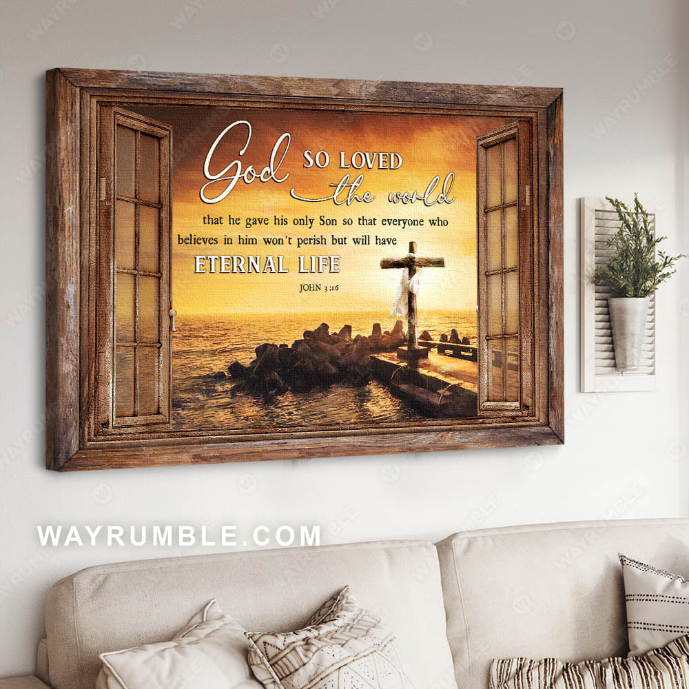 Sunset painting, On the seashore, Wooden cross, God so loved the world - Jesus Landscape Canvas Prints, Christian Wall Art