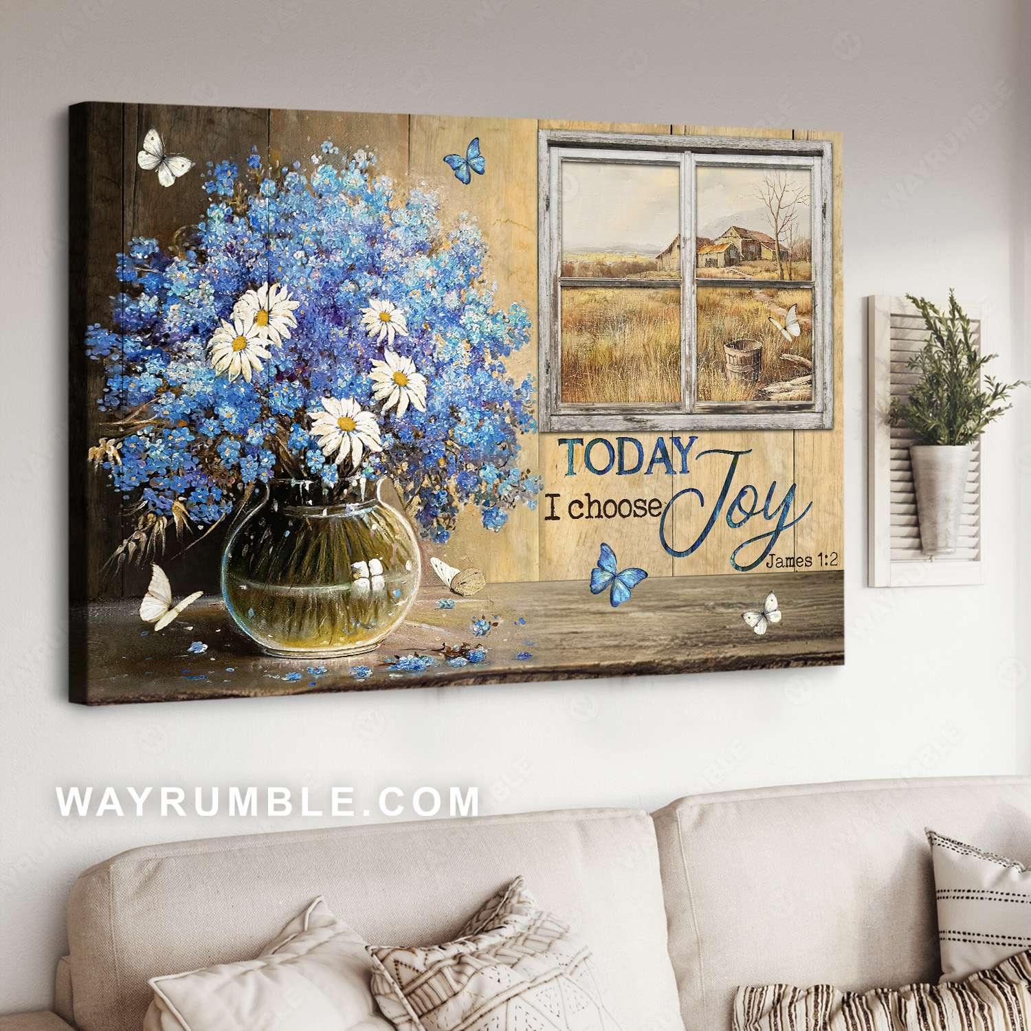 Blue small flowers, White daisy, Farm view, Today I choose joy - Jesus Landscape Canvas Prints, Christian Wall Art