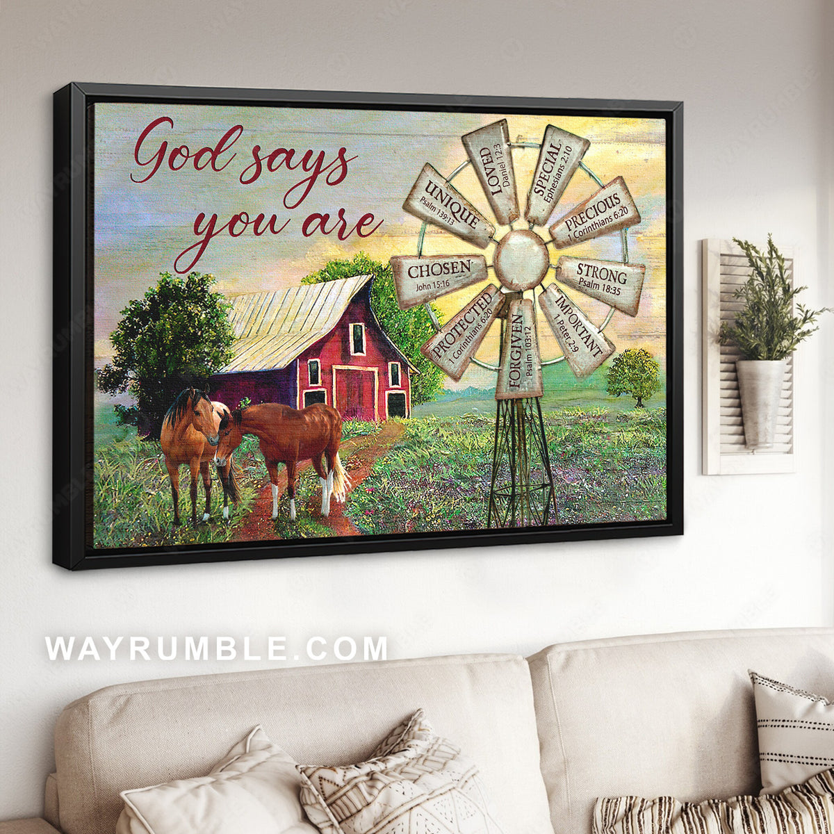 Old windmill, Red house, Wild horse, God says you are unique - Jesus Landscape Canvas Prints, Christian Wall Art