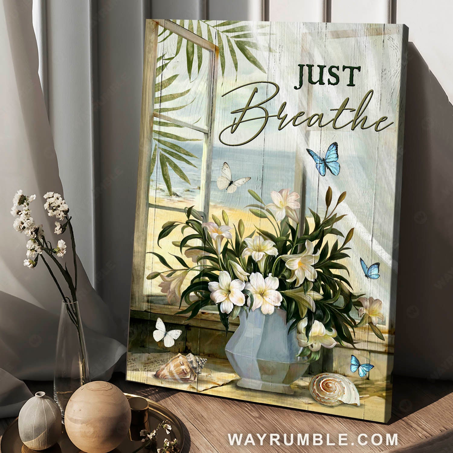 White lily, Seashells, Beach view, Just breathe - Jesus Portrait Canvas Prints, Christian Wall Art\