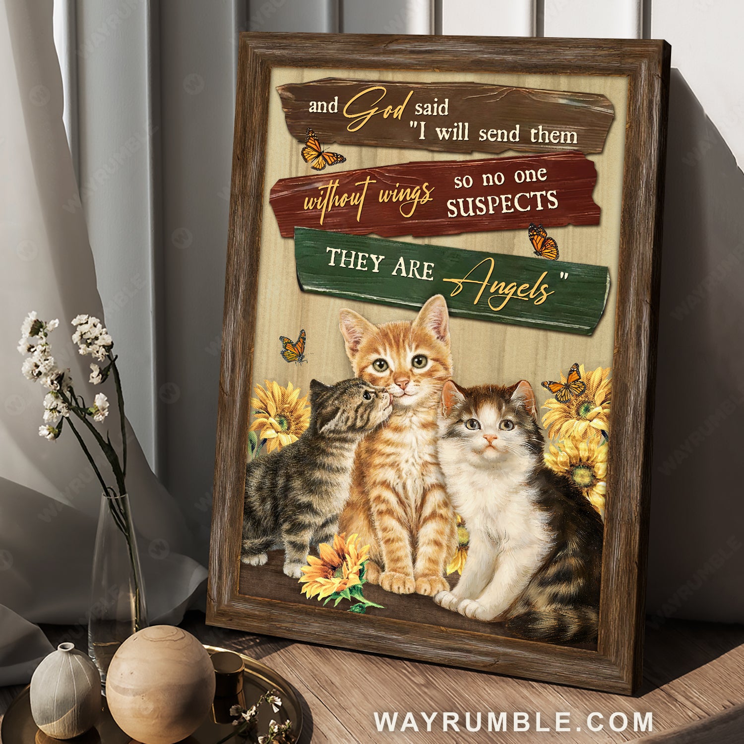 Gift for cat lover, Sunflower frame, Monarch butterfly, And God said - Jesus Portrait Canvas Prints, Home Decor Wall Art