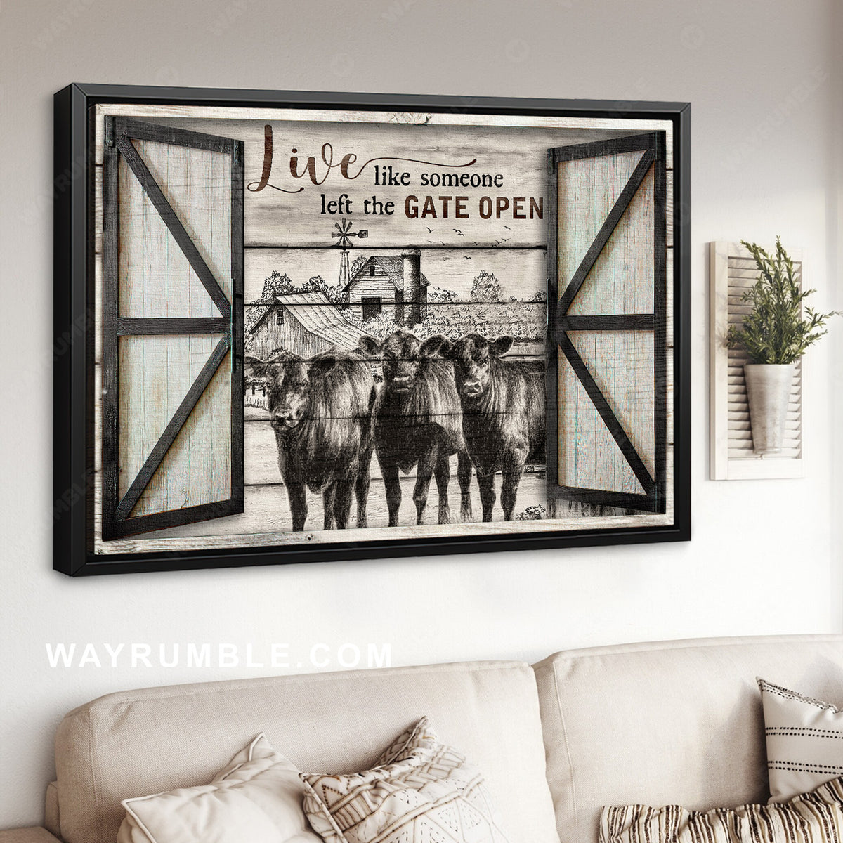 Stunning cow, Black and white painting, Live like someone left the gate open - Jesus Landscape Canvas Prints, Home Decor Wall Art