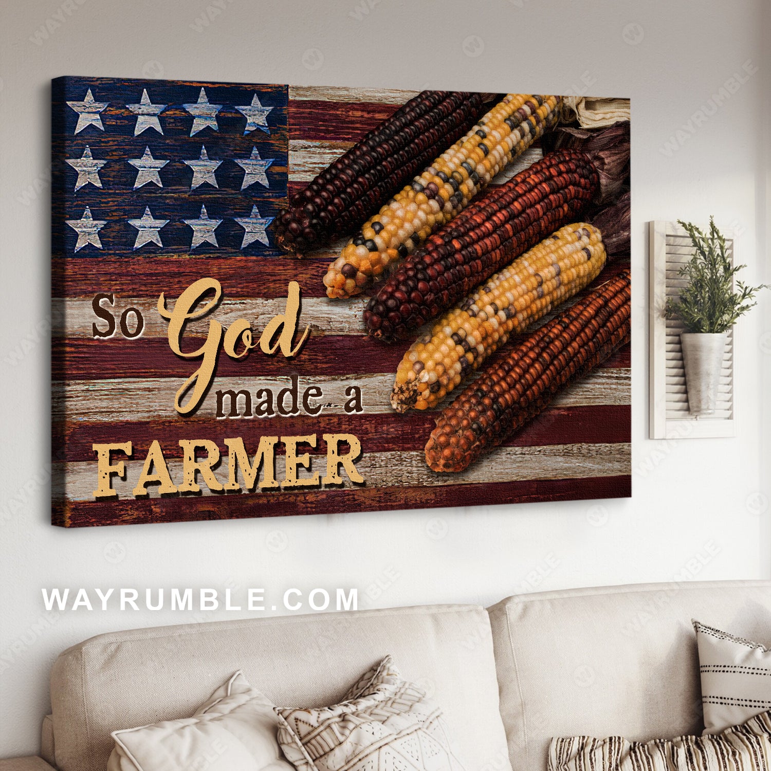 Pretty corn drawing, US flag background, So God made a farmer - Jesus Landscape Canvas Prints, Home Decor Wall Art
