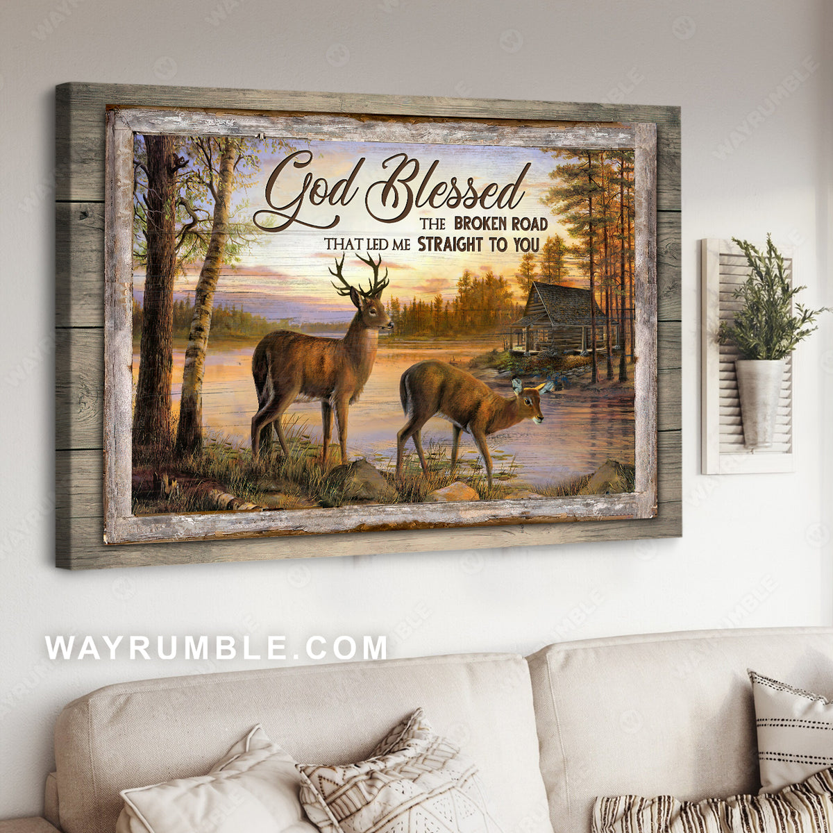 Beautiful sunset, Brown deer, River painting, God blessed the broken road - Jesus Landscape Canvas Prints, Christian Wall Art